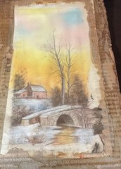 Vintage Pastel / Chalk Artwork Unsigned Farmhouse And Bridge. 6 3/4 X 12 Vermont