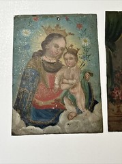 ANTIQUE PAINTING RELIGIOUS ICON Retablo 19TH CENTURY PORTRAIT MADONNA METAL TIN