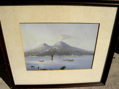 Neapolitan School antique gouache painting Vesuvius & Bay of Naples Italian art