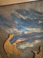 Wooden Mallard Ducks Flying Over Pond Framed Painting on Burlap Signed 26.5”x17”
