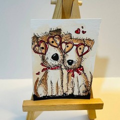 Cute Dog Couple Heart Glasses ACEO Original Watercolor Painting Folk Art OOAK
