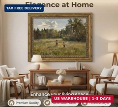 Kids in Summer Field Canvas Wall Art Vintage Gold Framed Landscape Painting 12×1