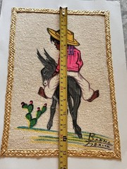 Vintage 2 Mexican Folk Art Burlap Signed Paintings Children Donkey Cactus 12×10