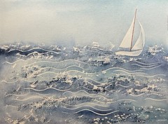 Original Watercolor Painting Abstract Ocean Sea Sailboat Seascape – 9×12 inches