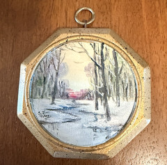 Vtg Miniature Original Oil Painting Winter Still Life Signed Framed 4.25″ MCM