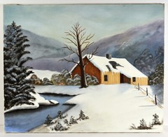 20″ Oil Painting Canvas Mikel Americana House Snowy Roof Winter Landscape #46