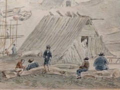Watercolor Painting – Fishing Harbor Scene – 19th century New England School