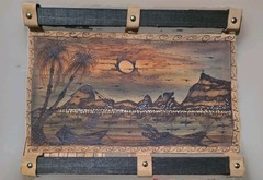 3 Brazilian Folk Art: Burlap Indigenous Portraits (2) & Mendes Pyrography(1)