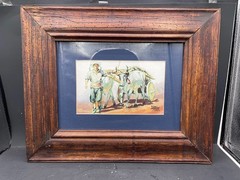 2003 Lopez Baylon Signed Watercolor Painting Oxen and Cart with Cowboy Argentina