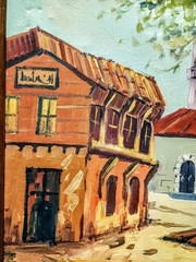 Middle Eastern Village Street Scene Oil Painting Mosque Courtyard 22×17