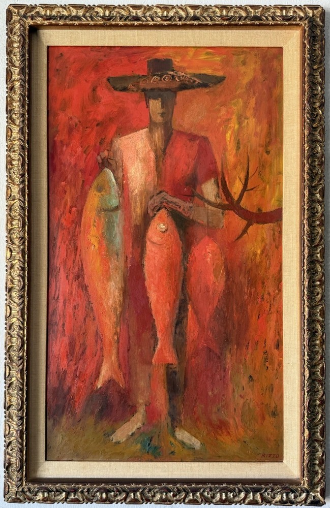 ANTHONY RIZZO VINTAGE MODERN ABSTRACT CUBIST CUBISM OIL PAINTING RED FISHERMAN