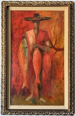 ANTHONY RIZZO VINTAGE MODERN ABSTRACT CUBIST CUBISM OIL PAINTING RED FISHERMAN