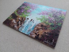 Blossoming Spring Sakura Painting. Delicate cherry branches blossom waterfall