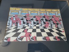 Original art surreal Checkerboard Chairs Sitting On Robots Hanging Art Framed