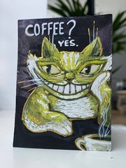 ACEO Original Painting Coffee Cat 1/8 2.5×3.5 Card