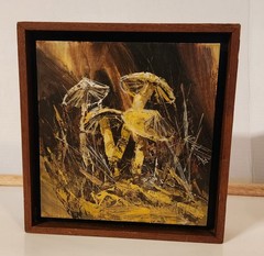 Vintage Mid Century Mushroom Impasto Oil Painting 10×10 Retro Floating Frame
