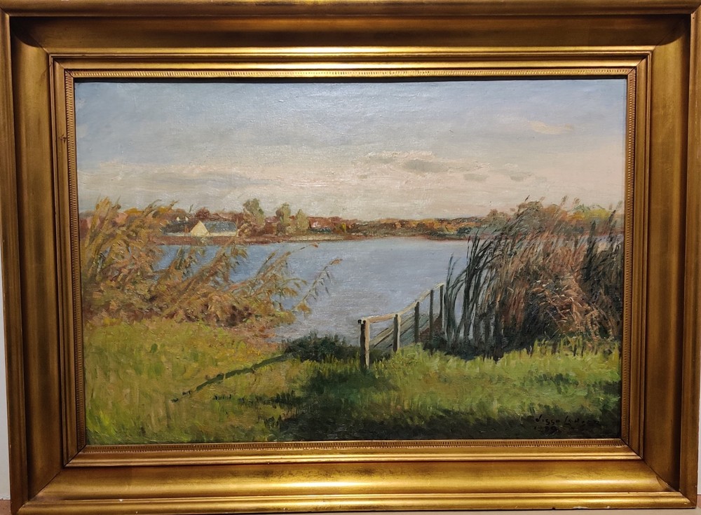 Viggo Langer (1860-1942): LAKE LANDSCAPE, original oil painting, dated 1939