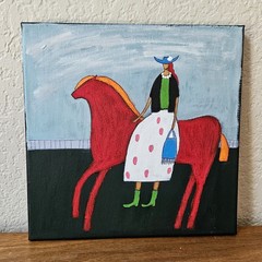 Folk Painting Original Woman Horse Portrait Canvas Outsider Whimsical 10×10 Art