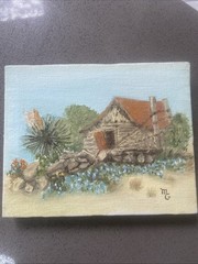 Vtg Original Painting Old Barn Blue Bonnets Signed Artist Cottage Shabby Chic