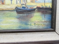 Vintage Pattern Framed Matted Harbor Scene Boats Water Oil Painting Signed Bryce