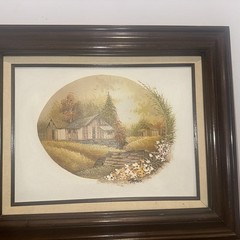 Oil Painting Vintage. Nature Flowers House barn cottage Bird artist signature