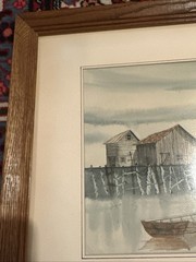 Original Tom Zientek Watercolor Painting Harbor Scene Boats Tied Up Shacks