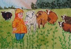 ACEO Original – a Boy & Sheep in Forest, Sweden – Watercolor 2.5 x 3.5 Signed