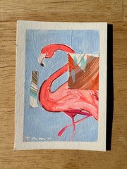ACEO original tiny art + story Flamingo „Cloud 9“ by Tam V Big Pink Studio OOK