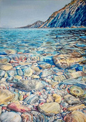 GYPERREALISM Original Artwork Painting Landscape SEA STONES SUN Seascape Gift A3