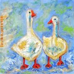 Small Oil Painting Original Farm Bird Animal Geese Rural Village Scene Wall Art