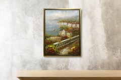Hungryartist -Original Painting of Seaside Town on Canvas 12×16 Framed
