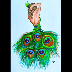 ACEO Original Peacock Abstract Bird Lady Animal Acrylic Art Hand Paint NEW OOAK