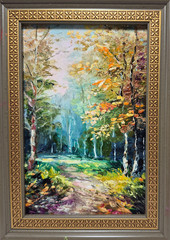 Original oil painting, signed and framed. Forest landscape with a road.4×6 inc