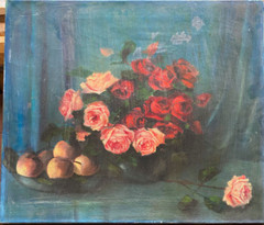 Oil Painting Still Life Red & Pink Roses and Peaches in Bowl