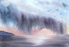 FISHERMAN BOAT BERDS CLOUDY SKY Original Art Painting Landscape Seascape Gift A5