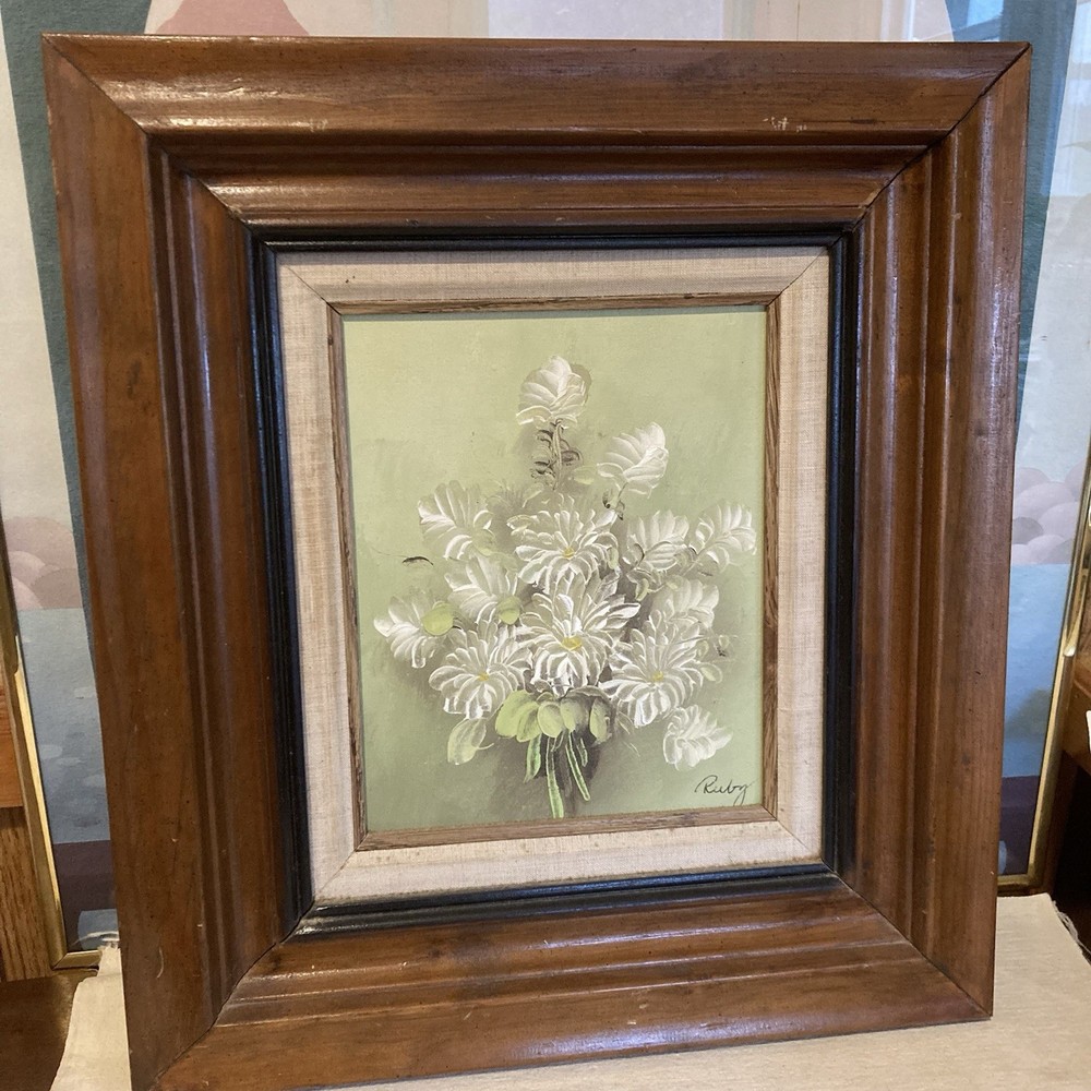 Framed Oil On Canvas Board Bouquet Of White Mums On A Green Background Beautiful