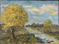 Vintage Oil Painting on Board Landscape Impasto Texture Heavy Palette Knife Art