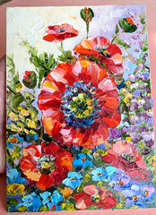 Red Poppies ORIGINAL OIL Painting , impasto 7″x5″ by Olga Diduh.
