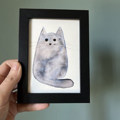 Gray Cat,funny,cute,original,watercolor miniature Painting,small,mini,framed