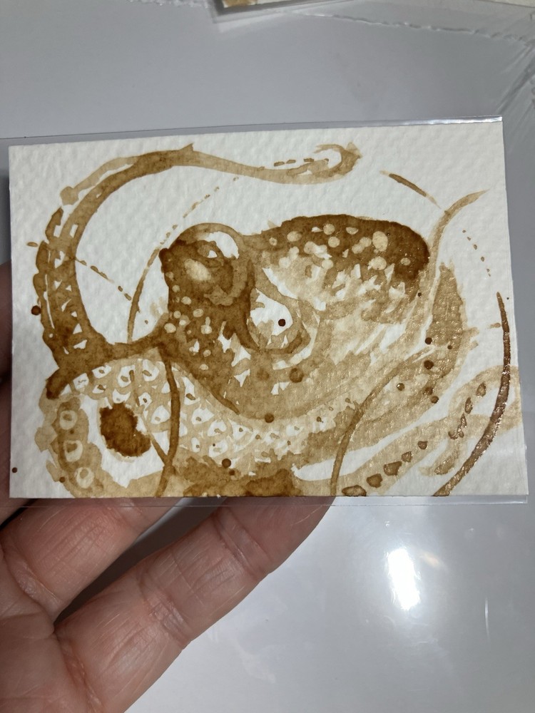 Original Coffee Octopus Painting Ocean Miniature Realism Aceo ATC Art Gift USA