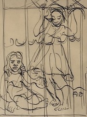 FRANCIS DE ERDELY ANTIQUE MODERN ABSTRACT WOMAN INK DRAWING PAINTING OLD ART 50s