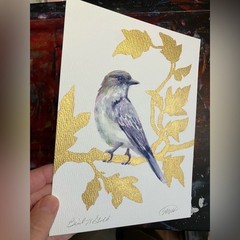 Original phoebe Painting Watercolor Bird Art Gold accents Vine nature decor EAE