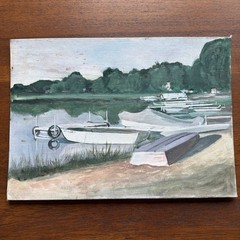 Marina Landscape Painting Boats Dock Lake Vintage Panel Craftint Late 1960s