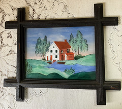 Vintage Painting on Glass Red & White House on Blue Stream with Trees 13″ x 11″