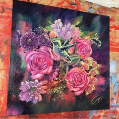 Original hummingbird floral painting bumblebee ladybug bouquet flowers gift USA