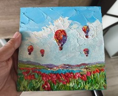 Original Oil Painting on Panel 6x6in Hot Air Colorful Balloons Impasto Artwork