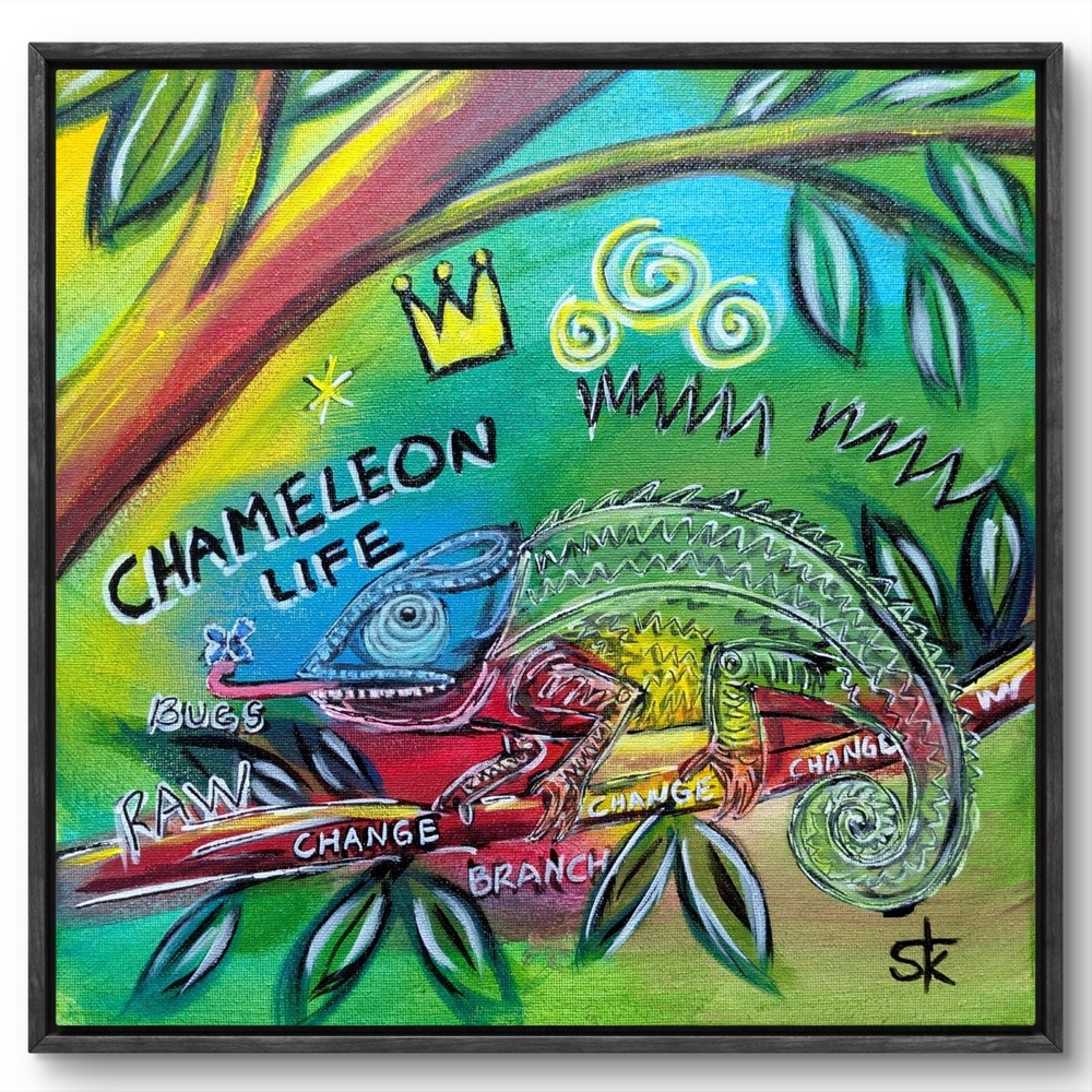 Original Signed 12×12 Vibrant Lizard Acrylic Canvas Neo Expressive Chameleon Art