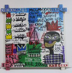 JEAN-MICHEL BASQUIAT ACRYLIC ON CANVAS 1982 WITH TIED WOOD SUPPORTS 35 X 35 in