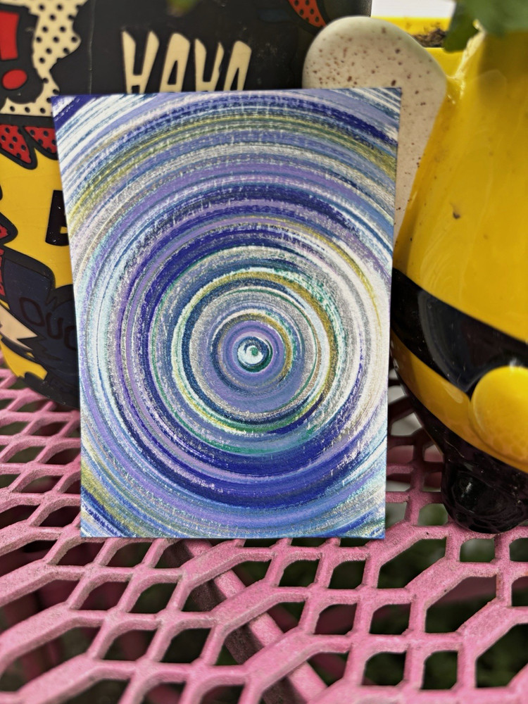 Aceo Mixed Media Abstract Concentric Circles Painting, Blue Green Spiral Design