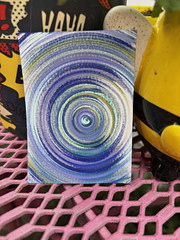 Aceo Mixed Media Abstract Concentric Circles Painting, Blue Green Spiral Design